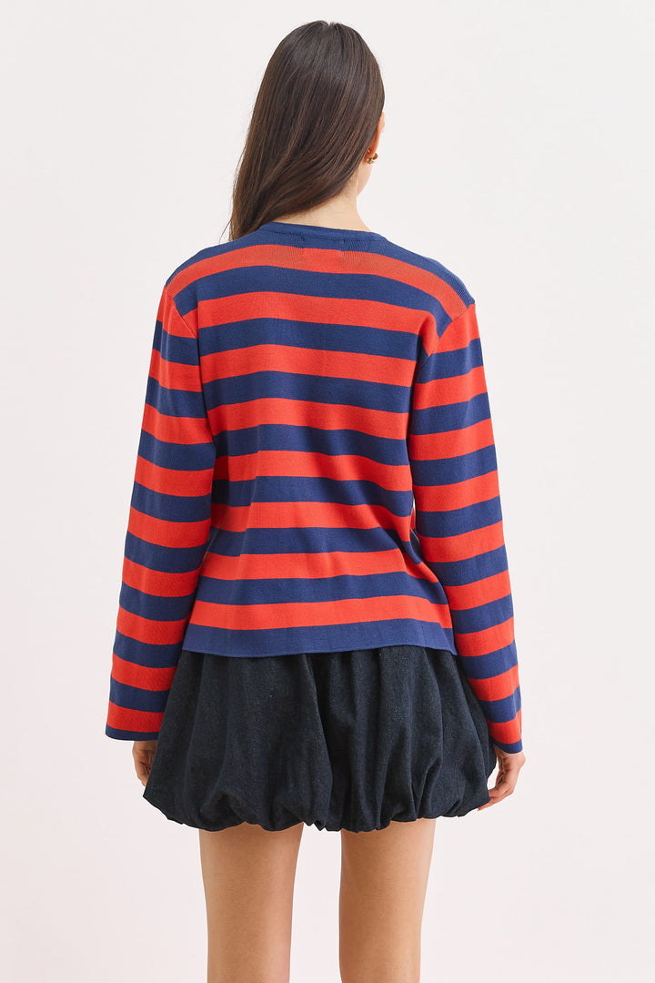קרדיגן סריג אן סטרייפס | כחול נייבי/אדום