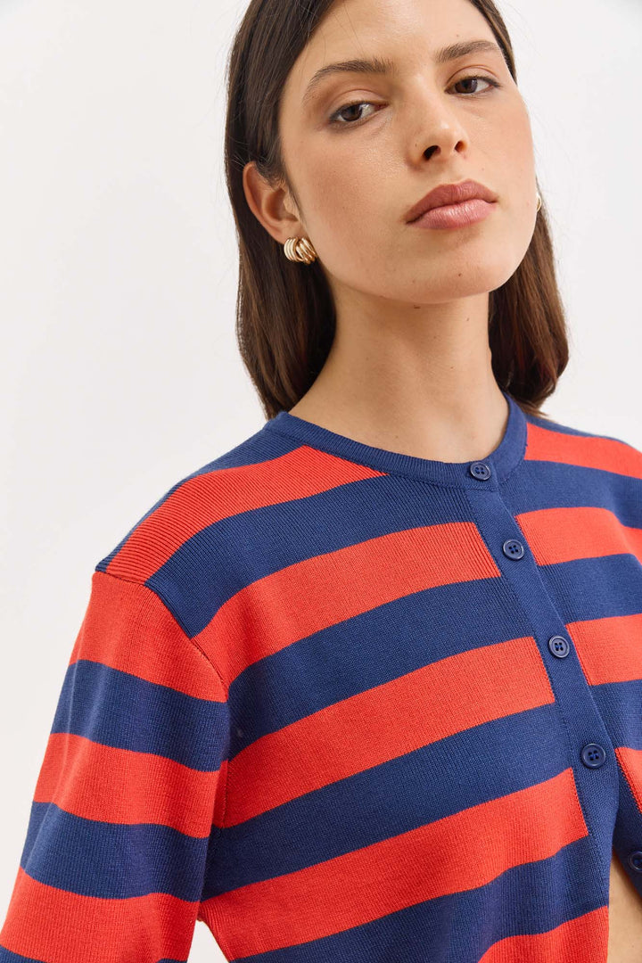 קרדיגן סריג אן סטרייפס | כחול נייבי/אדום