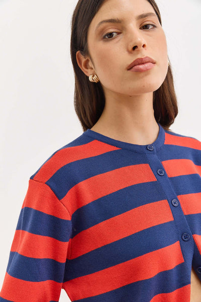 קרדיגן סריג אן סטרייפס | כחול נייבי/אדום