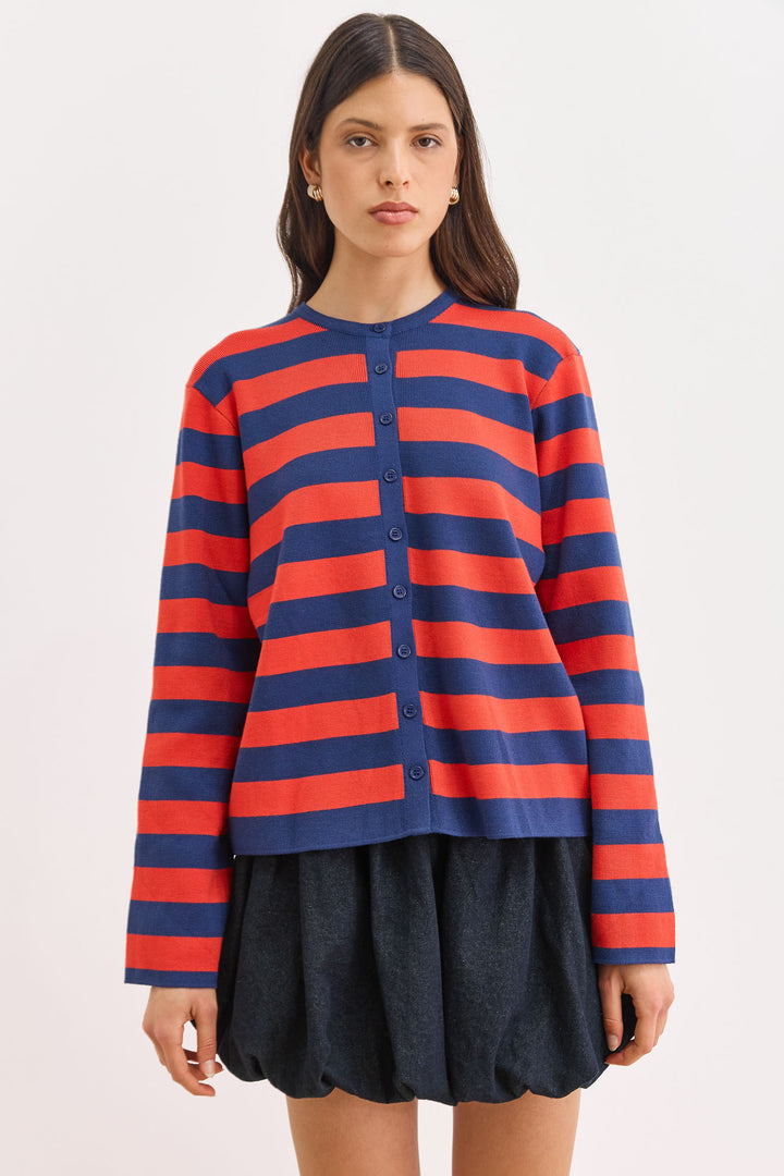 קרדיגן סריג אן סטרייפס | כחול נייבי/אדום