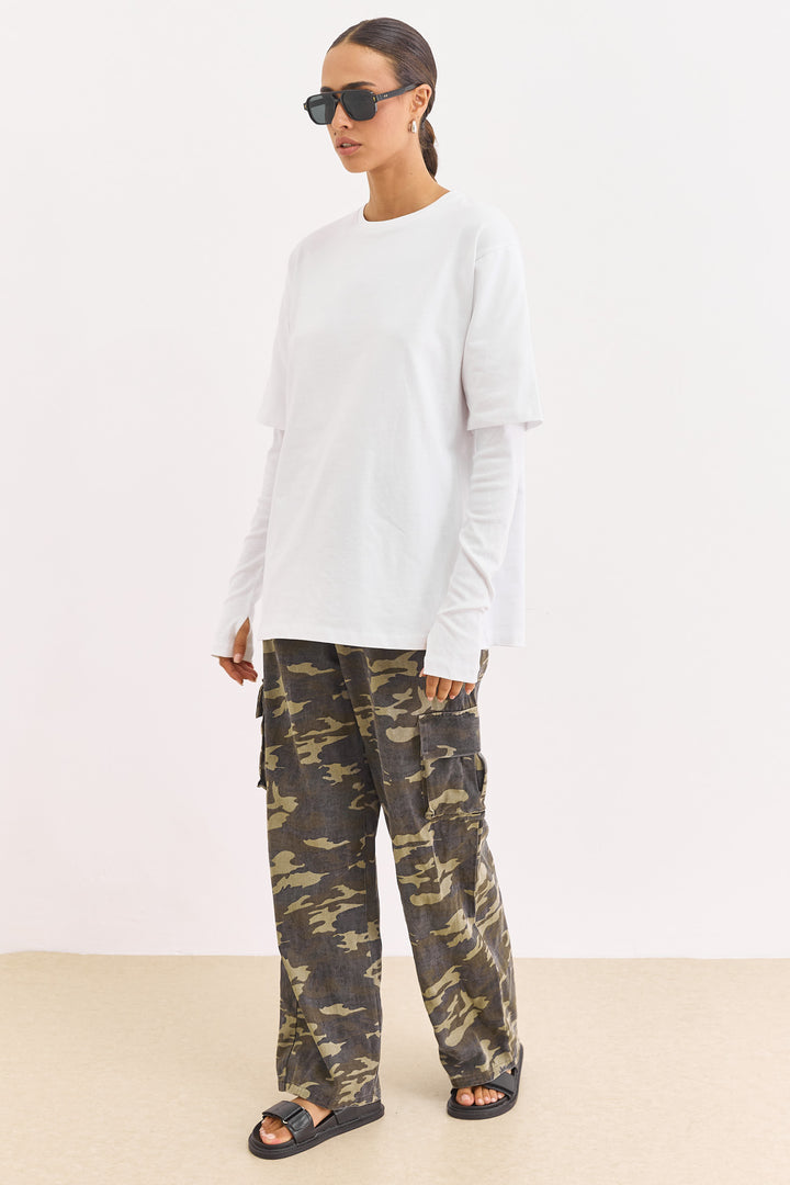 טי שירט ריי שרוול ארוך כפול | לבן