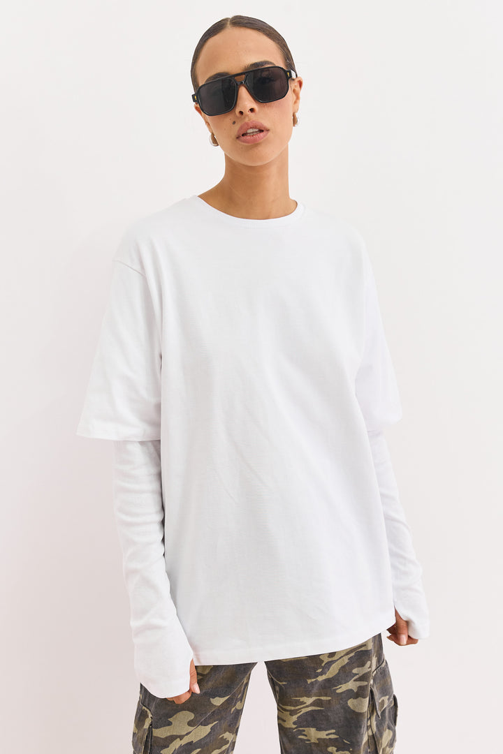 טי שירט ריי שרוול ארוך כפול | לבן