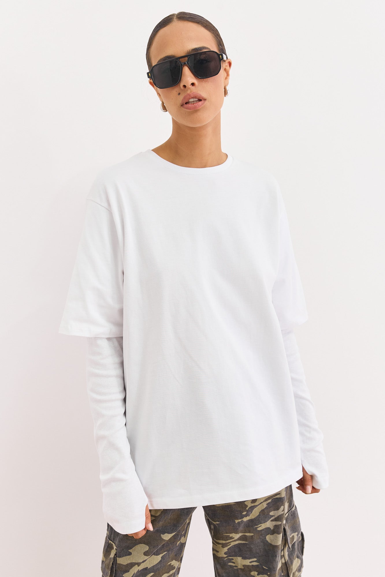 טי שירט ריי שרוול ארוך כפול | לבן