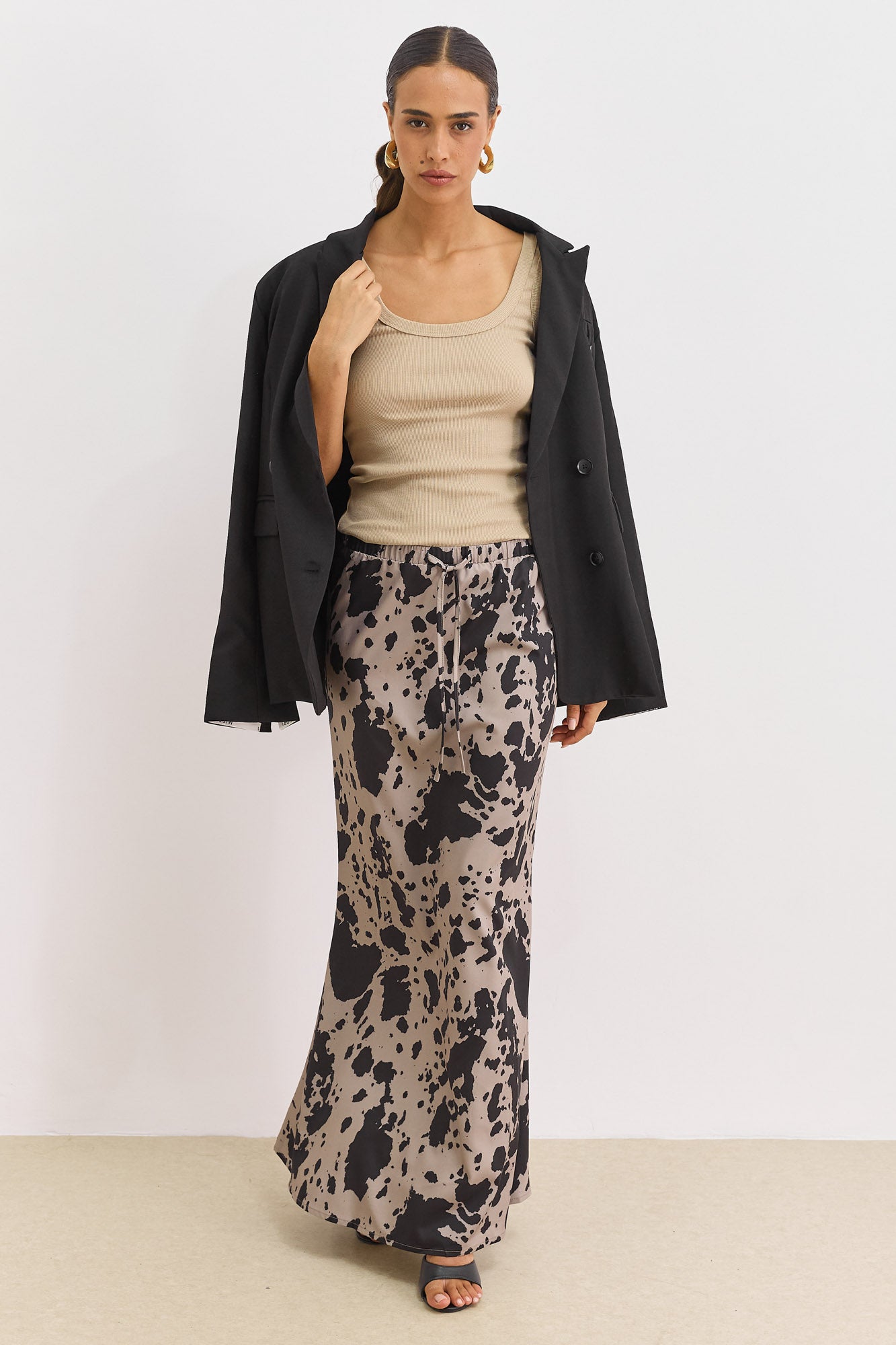 חצאית מקסי ליאן בשילוב פרינט | בז'/שחור