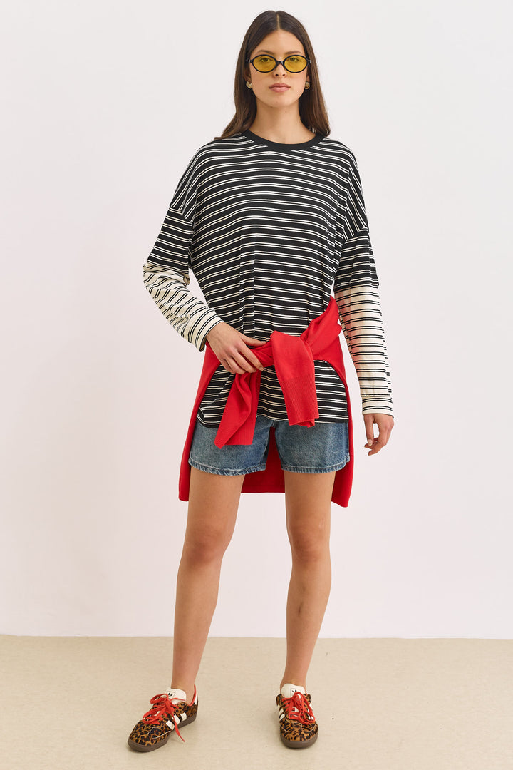 טוניקת פרפקט סטרייפס שרוול משולב | שחור/לבן