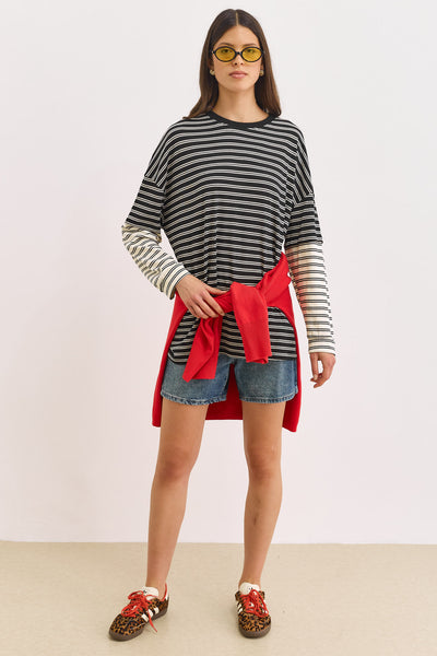 טוניקת פרפקט סטרייפס שרוול משולב | שחור/לבן