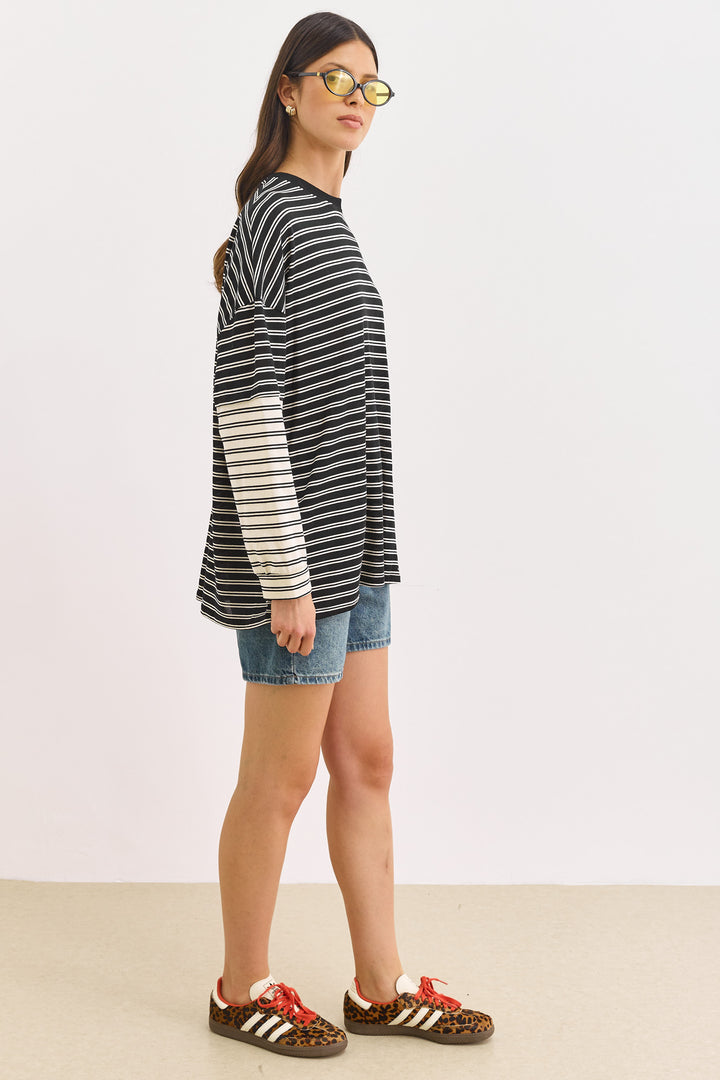 טוניקת פרפקט סטרייפס שרוול משולב | שחור/לבן