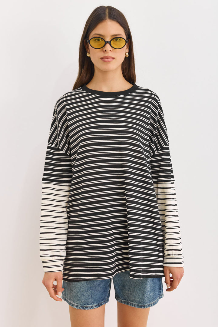 טוניקת פרפקט סטרייפס שרוול משולב | שחור/לבן