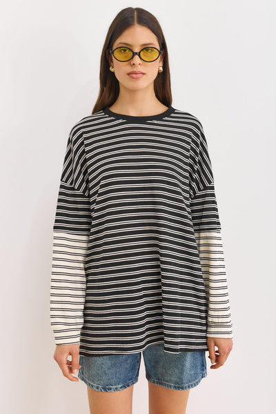 טוניקת פרפקט סטרייפס שרוול משולב | שחור/לבן