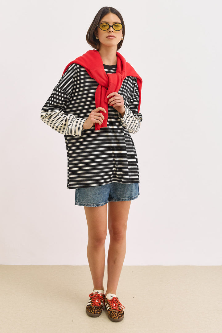 טוניקת פרפקט סטרייפס שרוול משולב | שחור/לבן