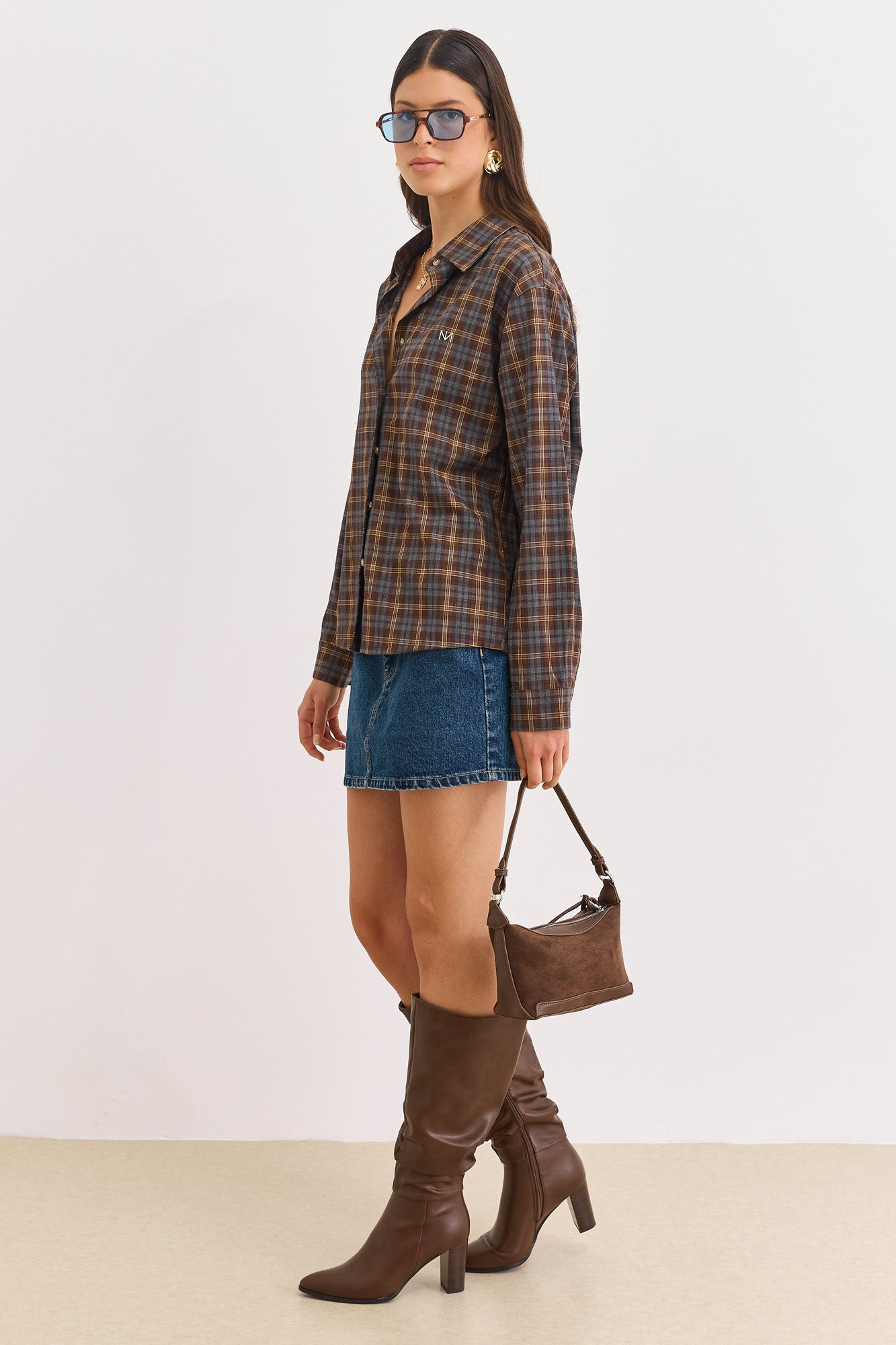 PRE-ORDER מכופתרת אלי הדפס משבצות | חום/כחול