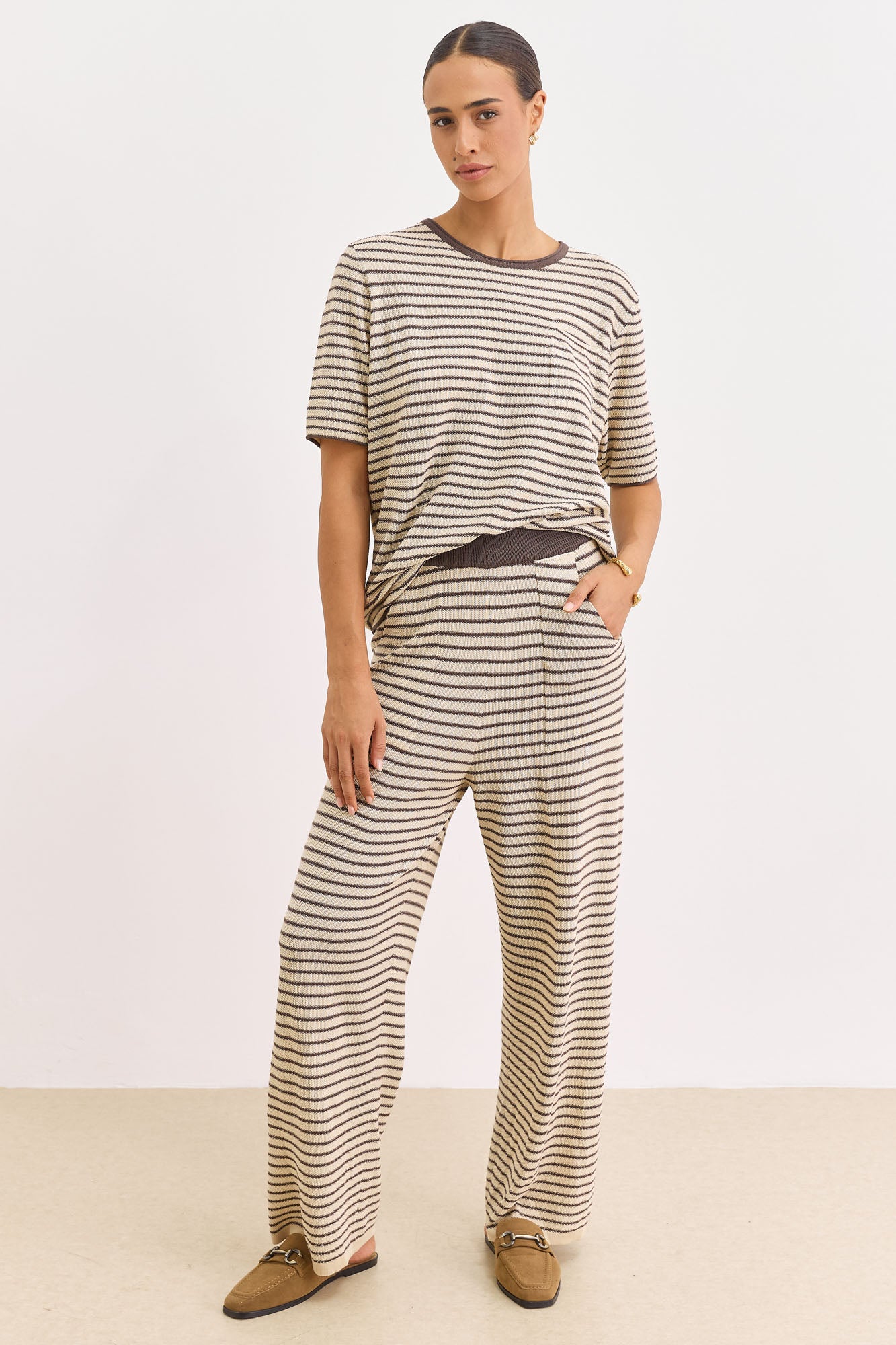 מכנסי סריג אלכסנדר סטרייפס גזרה ישרה | בז'/חום