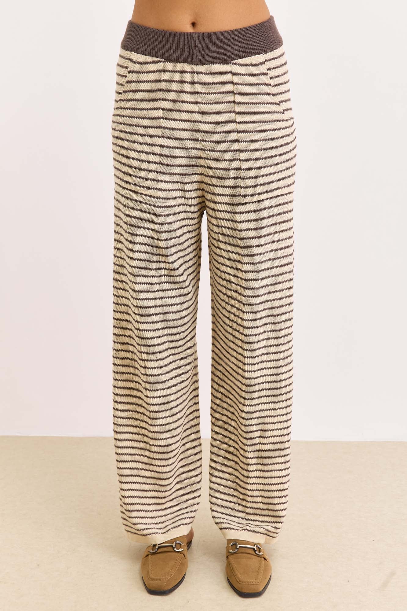 מכנסי סריג אלכסנדר סטרייפס גזרה ישרה | בז'/חום