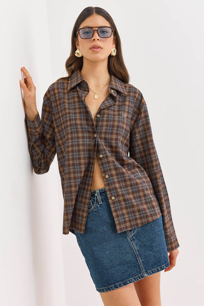 PRE-ORDER מכופתרת אלי הדפס משבצות | חום/כחול