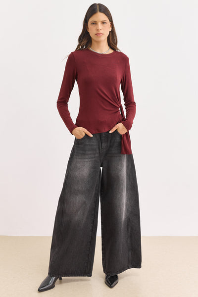 חולצת קלי דיטייל קשירה | בורדו