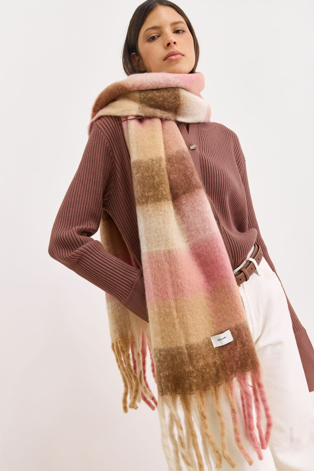 צעיף משבצות דנבר סיומת פרנזים | ורוד/חום