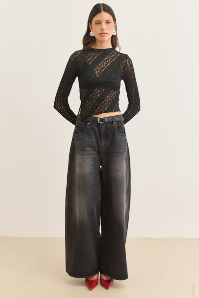 חולצת טינה בד תחרה | שחור