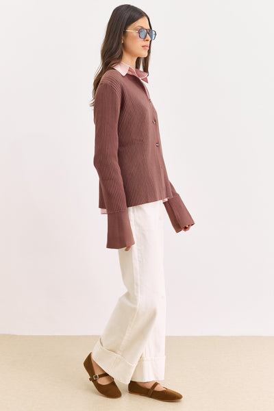 סריג כפתורים ליאנה שרוולים רחבים | חום