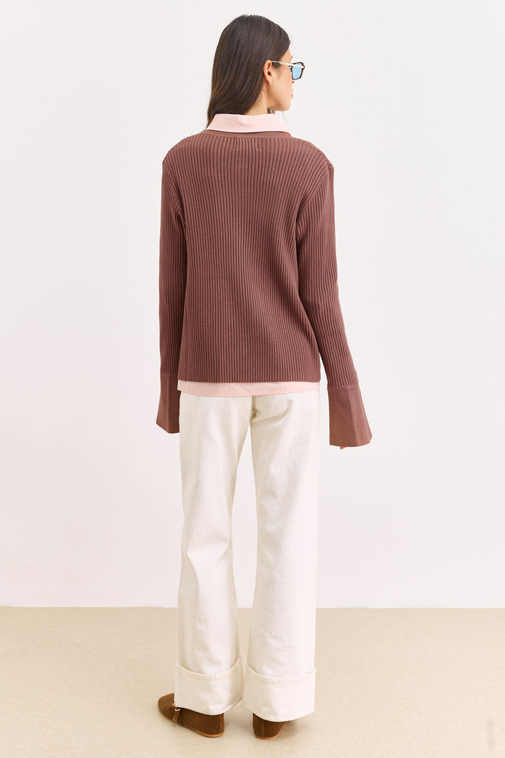 סריג כפתורים ליאנה שרוולים רחבים | חום