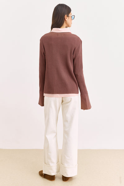 סריג כפתורים ליאנה שרוולים רחבים | חום