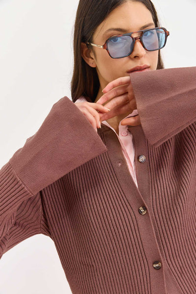 סריג כפתורים ליאנה שרוולים רחבים | חום