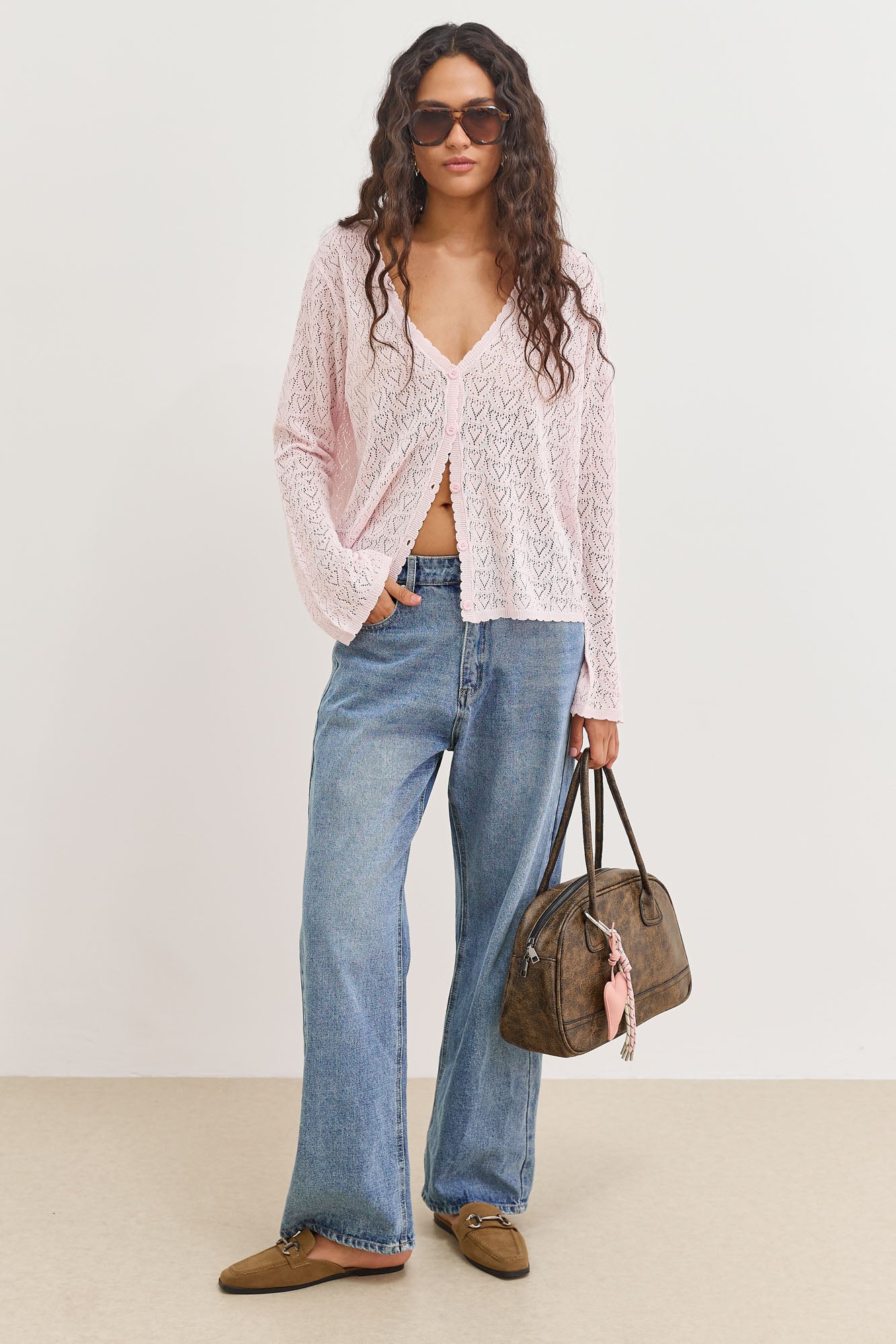 קרדיגן סריג טרייסי דוגמת לבבות | ורוד בהיר