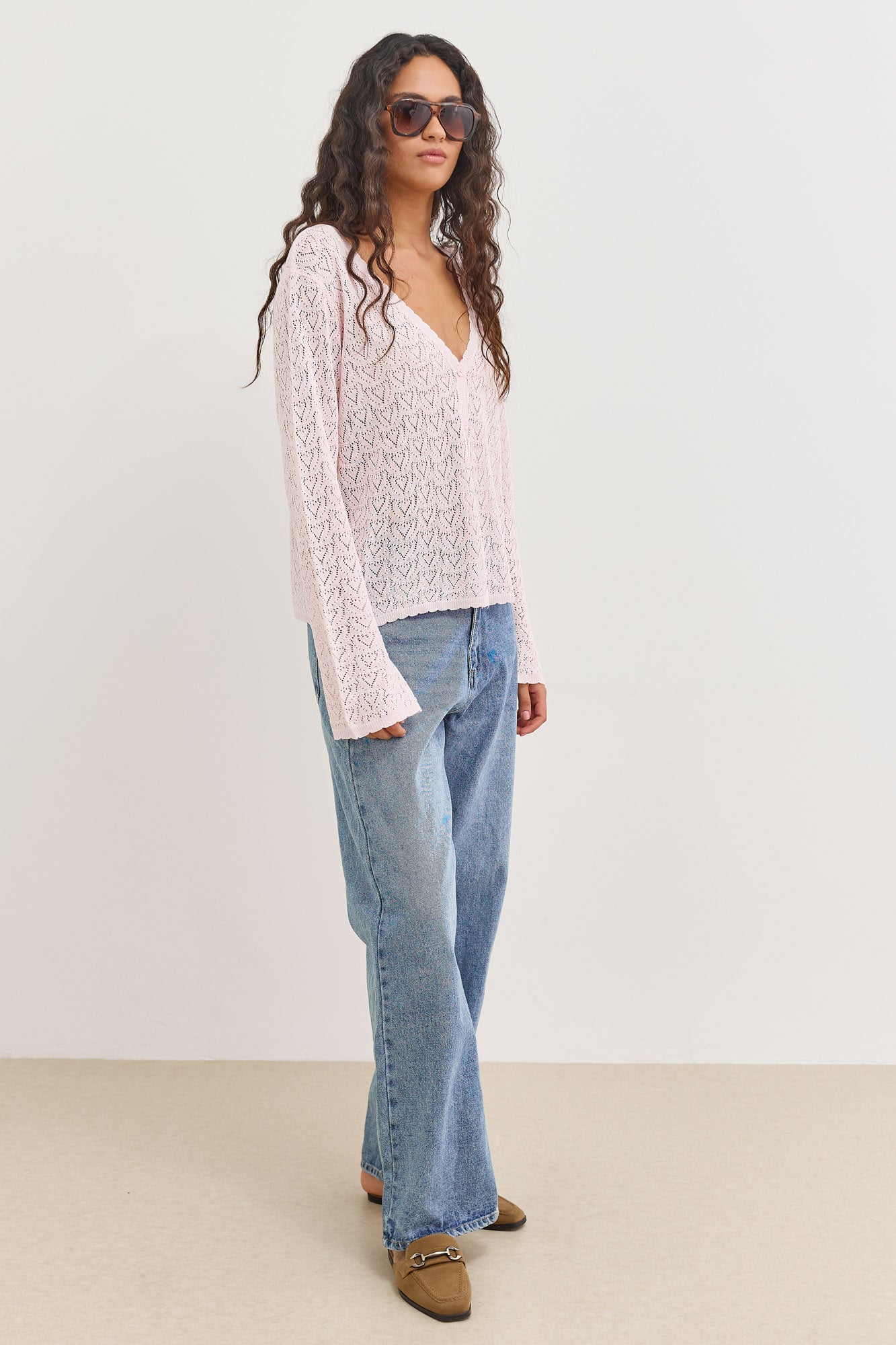 קרדיגן סריג טרייסי דוגמת לבבות | ורוד בהיר