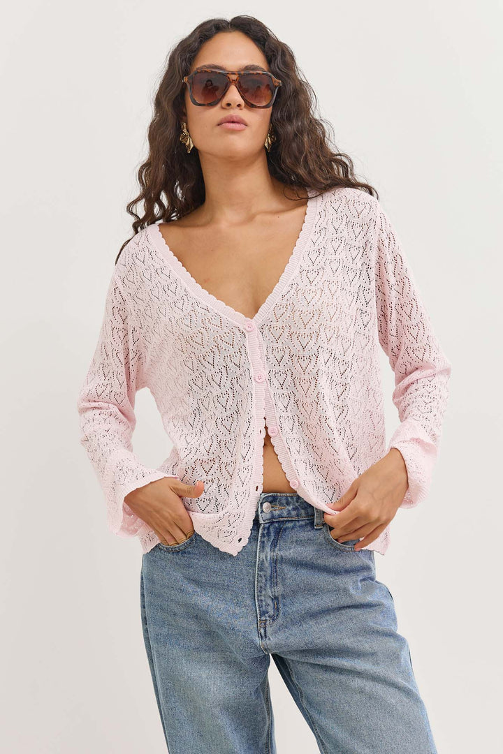 קרדיגן סריג טרייסי דוגמת לבבות | ורוד בהיר