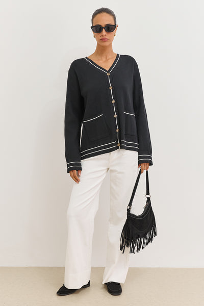 קרדיגן סריג אלאיה בשילוב כיסים |  שחור/לבן