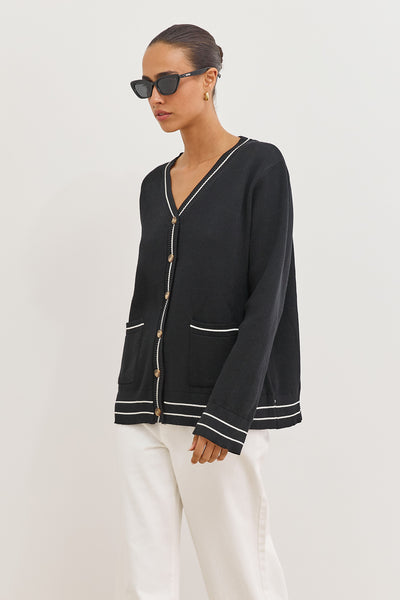 קרדיגן סריג אלאיה בשילוב כיסים |  שחור/לבן