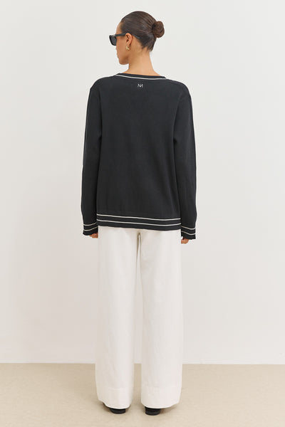 קרדיגן סריג אלאיה בשילוב כיסים |  שחור/לבן