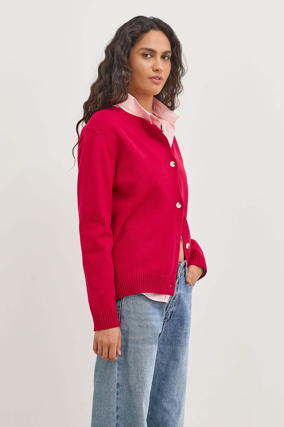 סריג דייב בשילוב כפתורים  | אדום