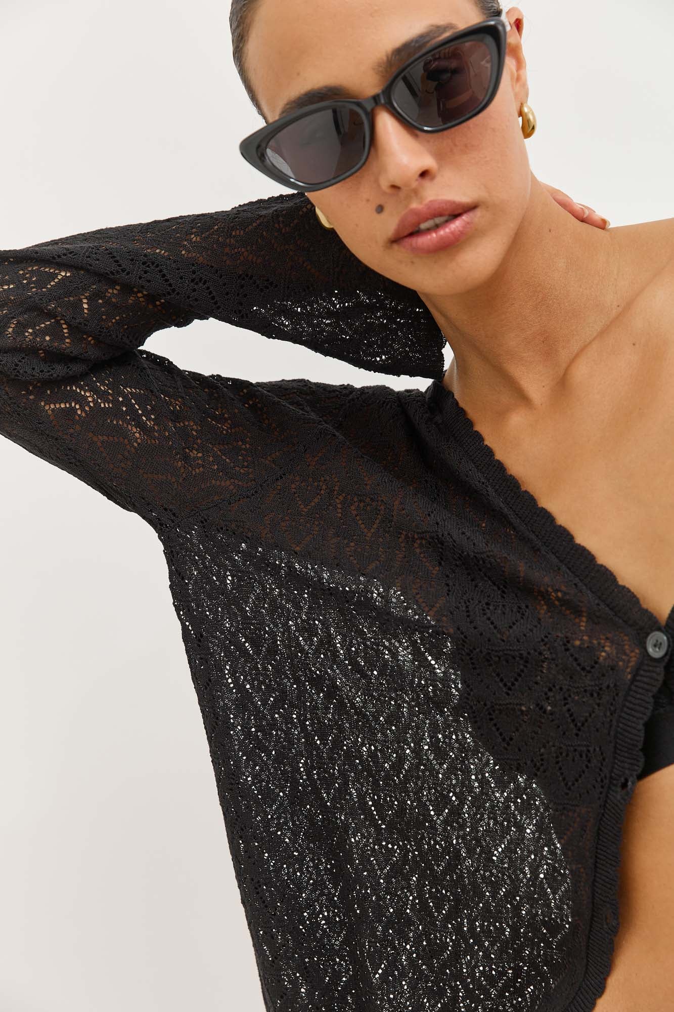 קרדיגן סריג טרייסי דוגמת לבבות | שחור