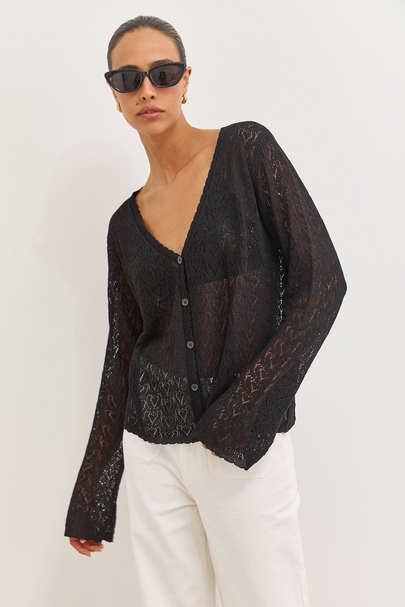 קרדיגן סריג טרייסי דוגמת לבבות | שחור