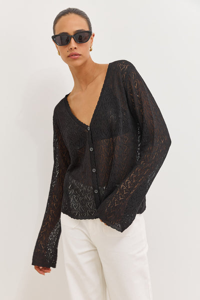 קרדיגן סריג טרייסי דוגמת לבבות | שחור