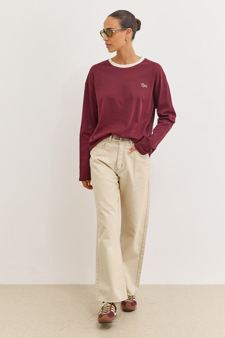 חולצת טאי צווארון מובלט ורקמת לוגו| בורדו