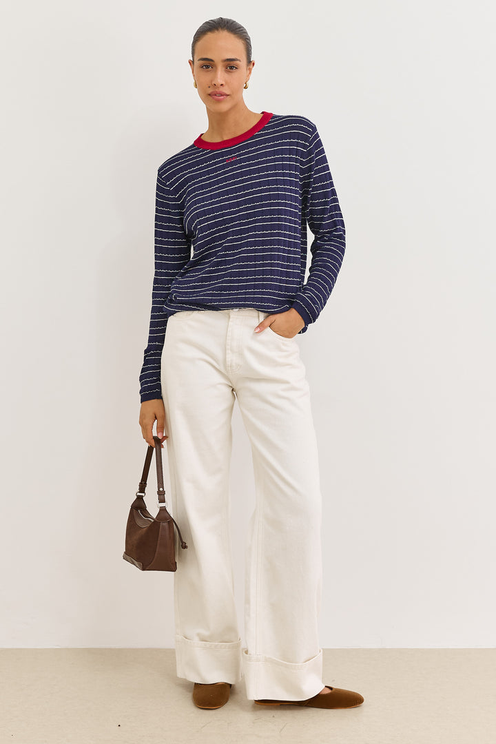 סריג ניקה סטרייפס צווארון מובלט | כחול נייבי/אדום