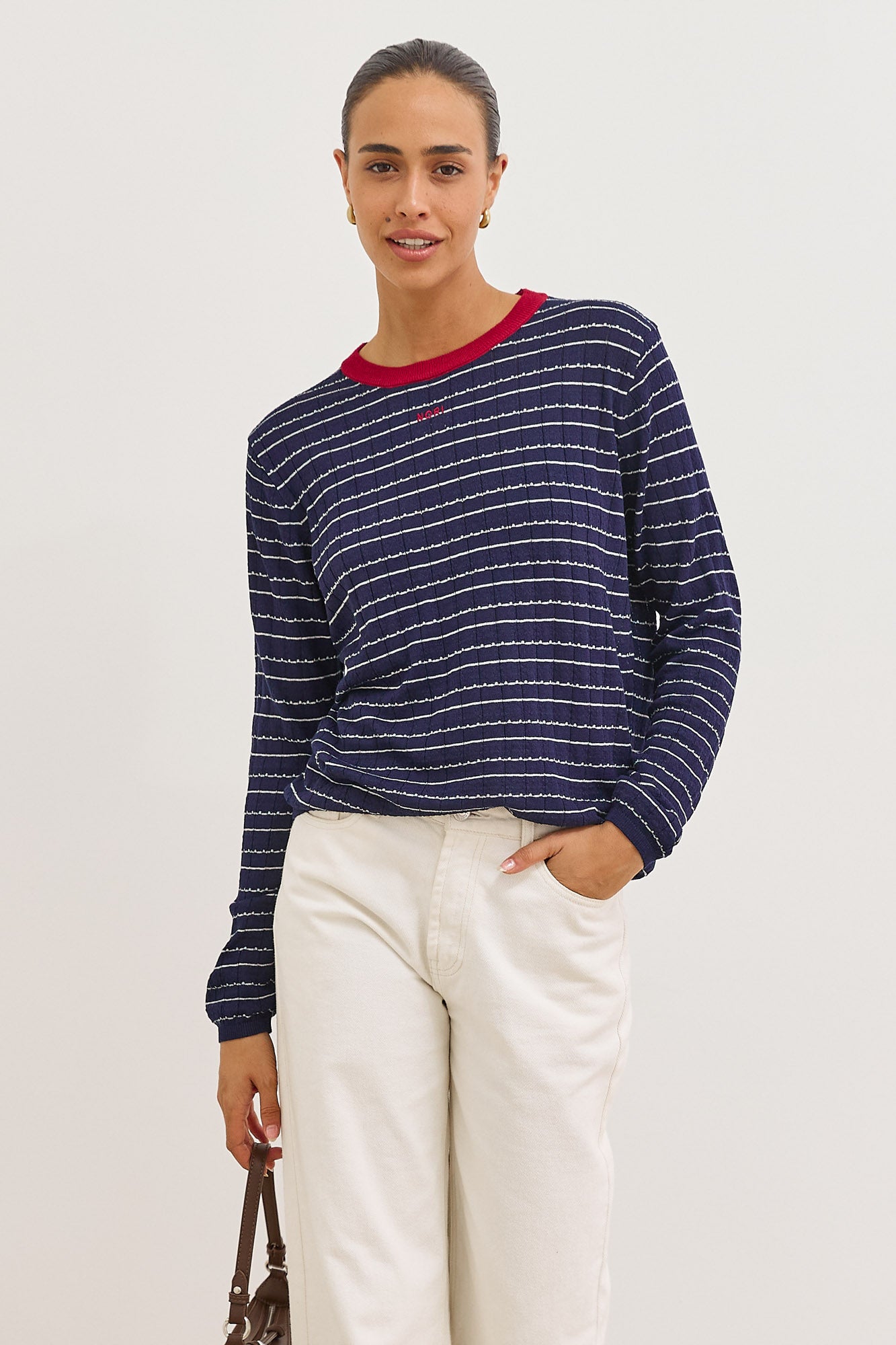 סריג ניקה סטרייפס צווארון מובלט | כחול נייבי/אדום