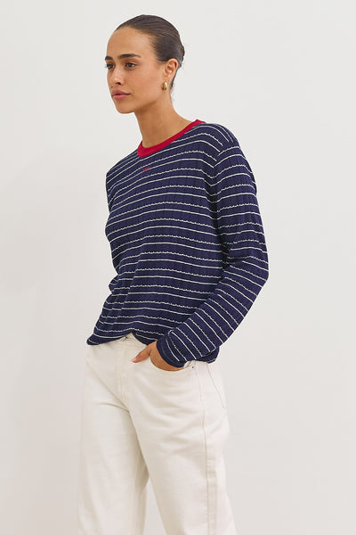 סריג ניקה סטרייפס צווארון מובלט | כחול נייבי/אדום