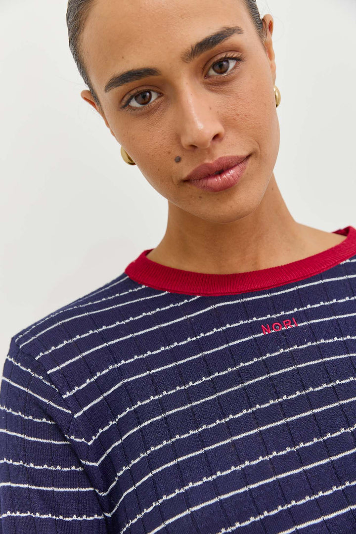 סריג ניקה סטרייפס צווארון מובלט | כחול נייבי/אדום