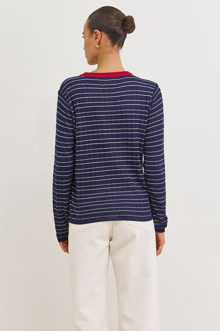 סריג ניקה סטרייפס צווארון מובלט | כחול נייבי/אדום