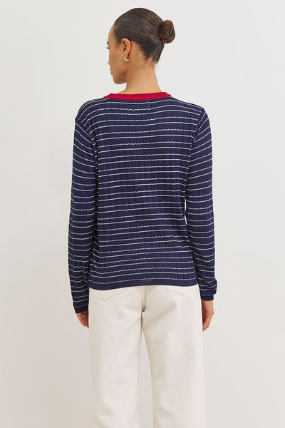 סריג ניקה סטרייפס צווארון מובלט | כחול נייבי/אדום