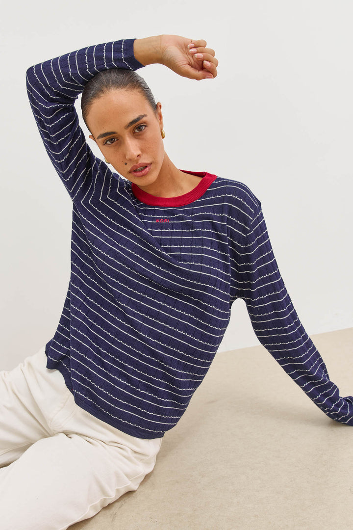 סריג ניקה סטרייפס צווארון מובלט | כחול נייבי/אדום