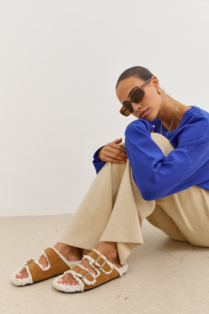 כפכפי רצועות זמש נואה בשילוב פרווה | חום