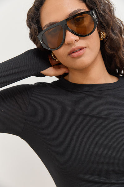 חולצת ריב אנג'י שרוולי כפפה | שחור