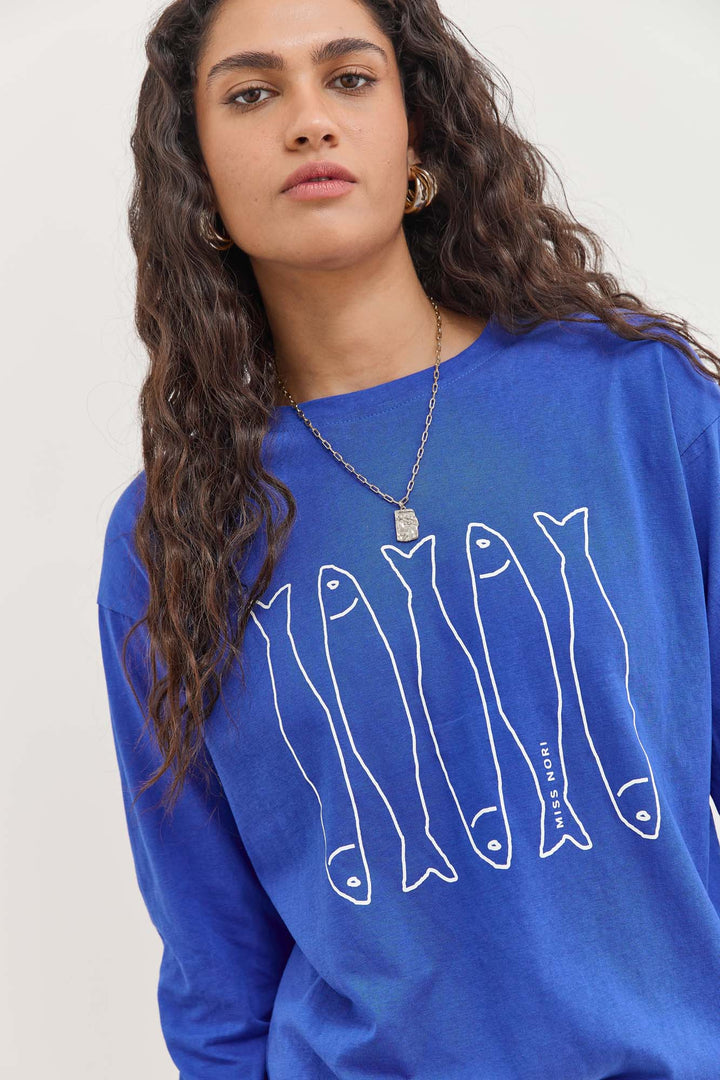 טי שירט אושן שרוול ארוך עם פרינט | כחול