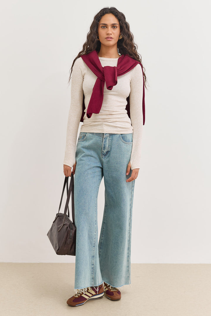 חולצת ריב אנג'י שרוולי כפפה | בז' מלאנז