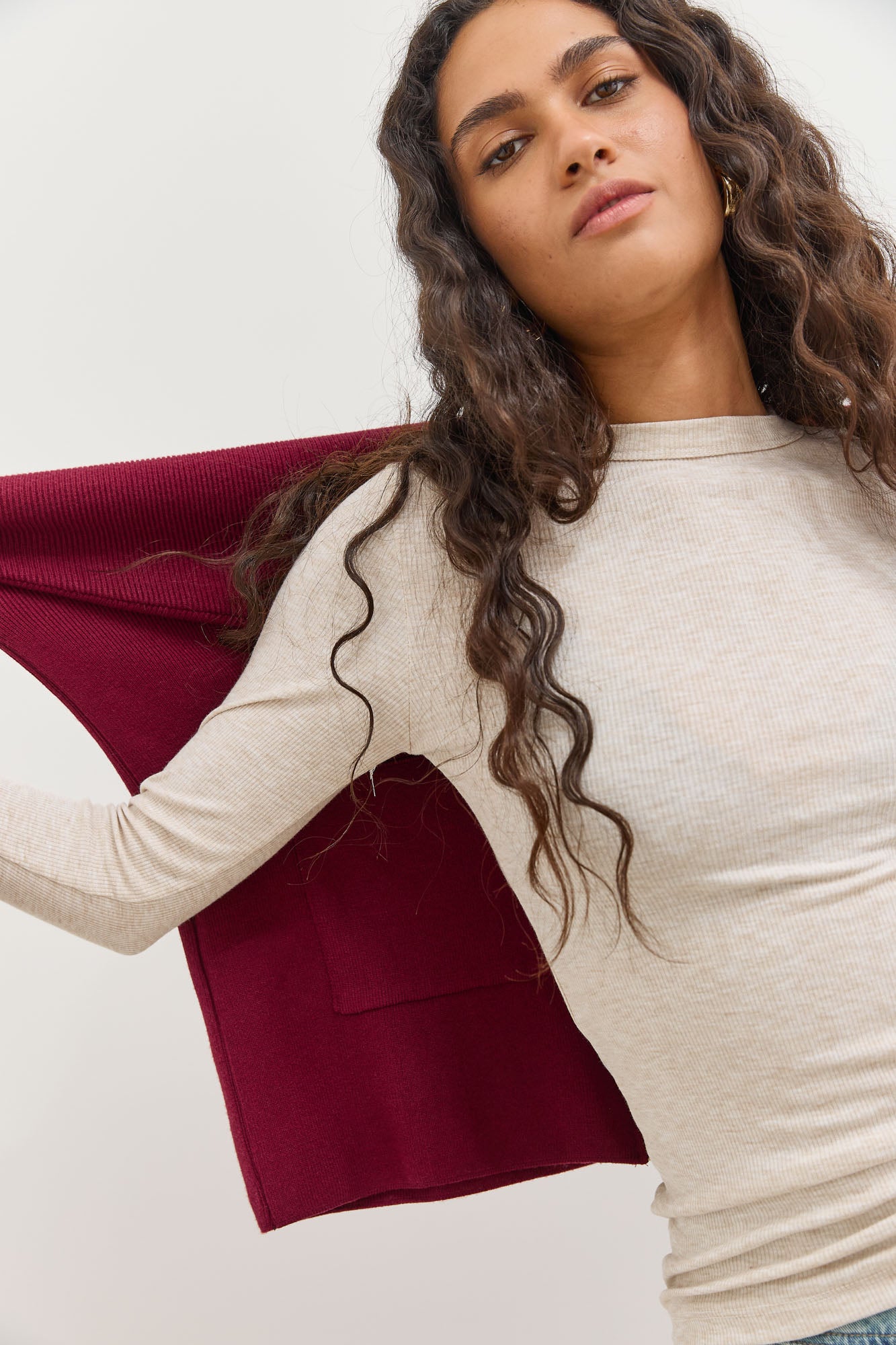 חולצת ריב אנג'י שרוולי כפפה | בז' מלאנז