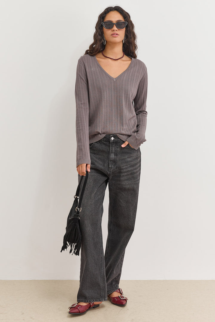 חולצת סריג ריק עם טקסטורה | אפור כהה