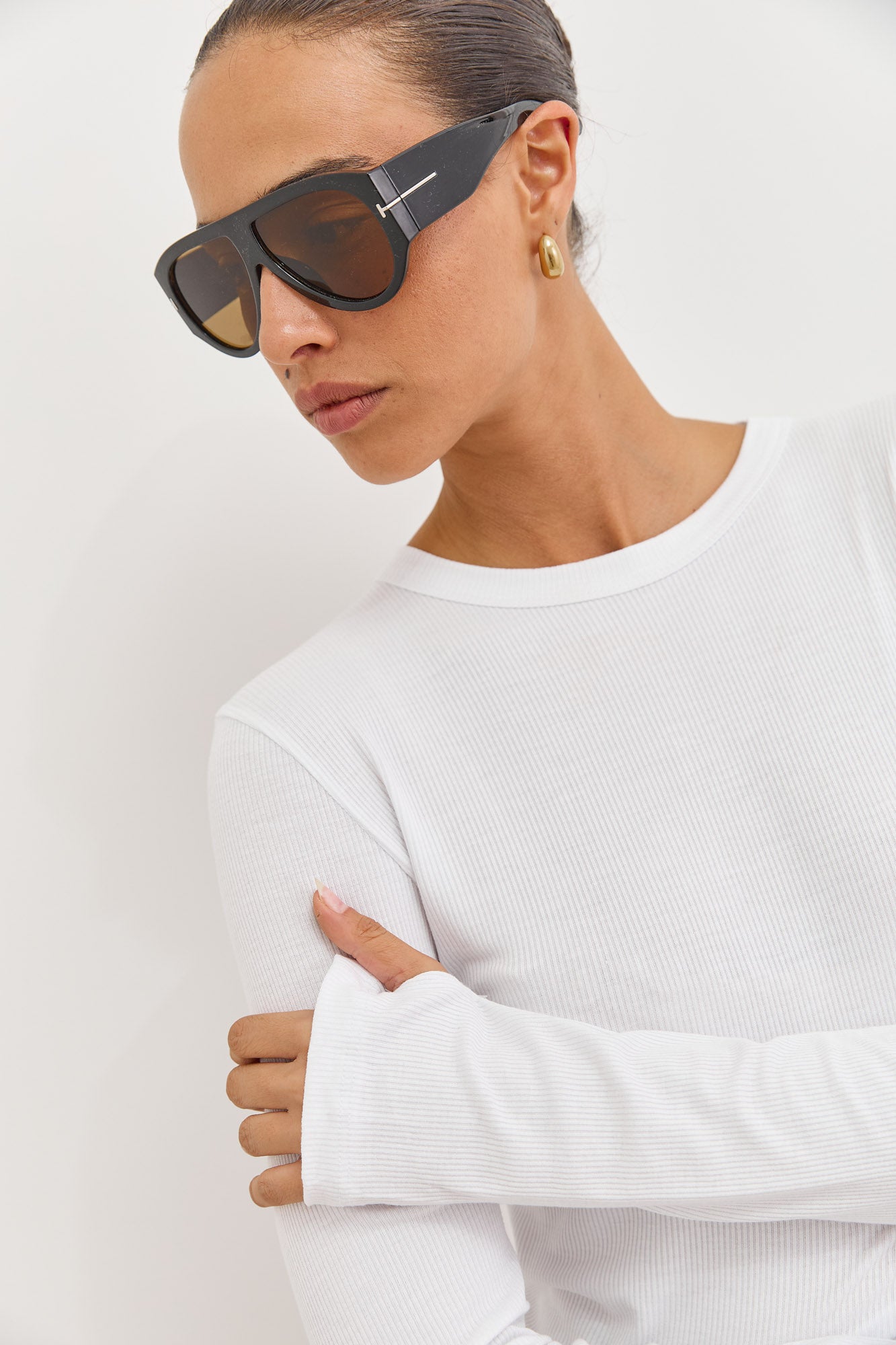 חולצת ריב אנג'י שרוולי כפפה | לבן